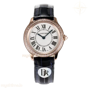 Cartier Ronde Louis Cartier 29mm RG DRF Sandblasted Beige Dial Diamonds Bezel on Blue Leather Strap Ronda Quartz