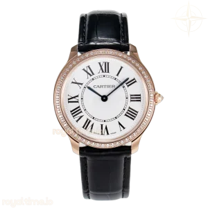 Cartier Ronde Louis Cartier 36mm RG DRF Sandblasted Beige Dial Diamonds Bezel on Black Leather Strap Ronda Quartz