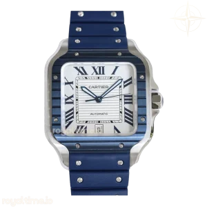 Cartier Santos de Cartier 40mm White Dial in Steel on Blue Rubber Strap