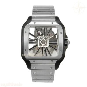 Cartier Santos de Cartier Skeleton PVD MLF Skeleton Black Skeleton Dial on SS SmartLink Bracelet 9611MC