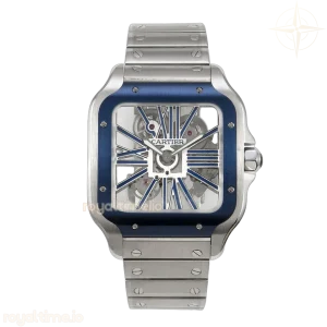 Cartier Santos de Cartier Skeleton SS MLF Skeleton Blue Skeleton Dial Blue Bezel on SS SmartLink Bracelet 9611MC