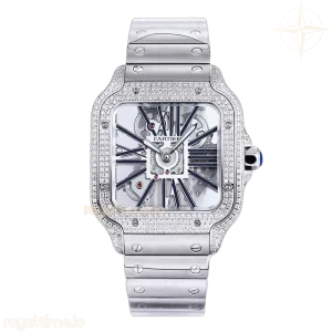 Cartier Santos De Cartier Watch Skeleton Dial Black Marker with Diamond Bezel in Steel