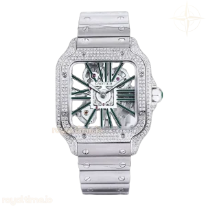 Cartier Santos De Cartier Watch Skeleton Dial Green Marker with Diamond Bezel in Steel