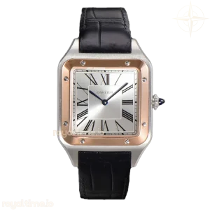 Cartier Santos-Dumont (Extra-Large) Silver Dial in Steel/Rose Gold on Black Leather Strap Ref. W2SA0017