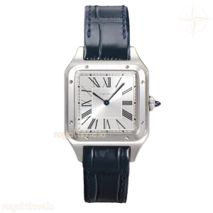 Cartier Santos-Dumont (Large) Silver Dial in Steel on Blue Leather Strap Ref. WSSA0022