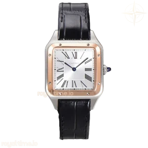 Cartier Santos-Dumont (Large) Silver Dial in Steel/Rose Gold on Black Leather Strap Ref. W2SA0011