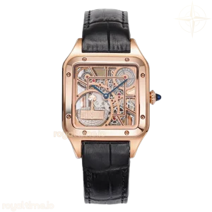 Cartier Santos-Dumont (Large) Skeleton Watch in Rose Gold on Black Leather Strap