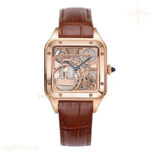 Cartier Santos-Dumont (Large) Skeleton Watch in Rose Gold on Brown Leather Strap
