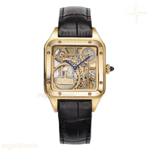 Cartier Santos-Dumont (Large) Skeleton Watch in Yellow Gold on Black Leather Strap