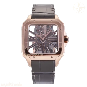 Cartier Santos Skeleton RG RF Skeleton Dial on Black Leather Strap 9611MC