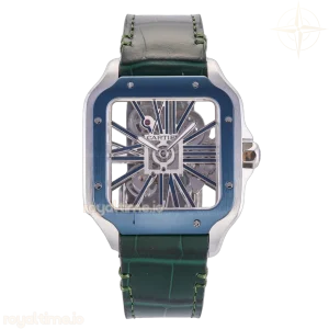 Cartier Santos Skeleton SS RF Skeleton Dial Blue Bezel on Green Leather Strap 9611MC
