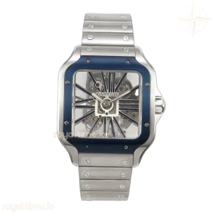 Cartier Santos Skeleton SS RF Skeleton Dial Blue Bezel on SS SmartLink Bracelet 9611MC