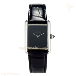 Cartier Tank Must Large SS 33.7mm DRF Black Dial on Black Leather Strap Swiss Quartz