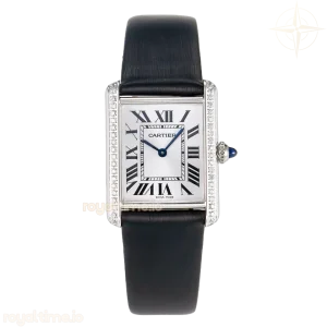 Cartier Tank Must Large SS 33.7mm DRF White Dial Diamonds Bezel on Black Calfskin Strap Swiss Quartz